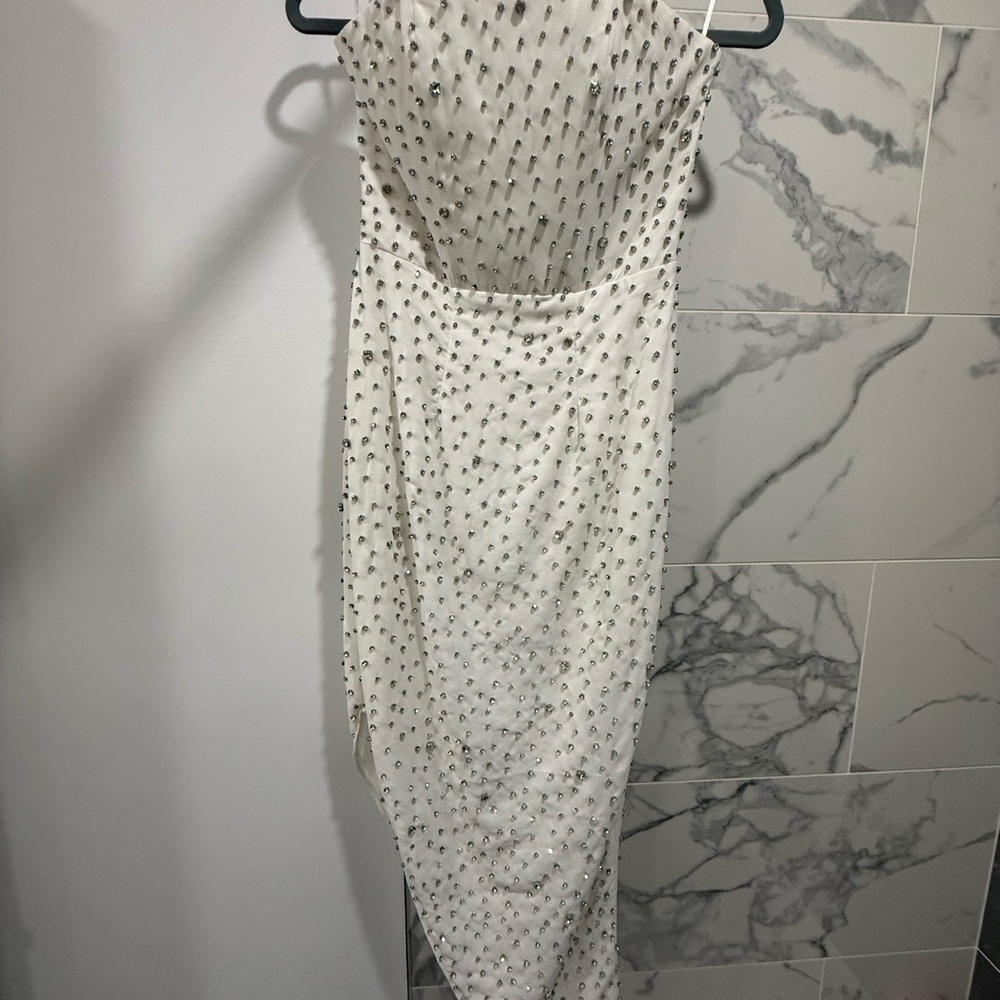 OH POLLY - Strapless White Embellished Evening Dress